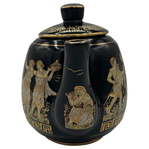 24kt Gold Kratimenos Teapot Black Made In Greece 7” Tall - Picture 3 of 10